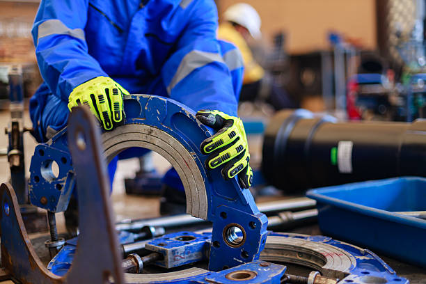 Close-up of an engineer in blue uniform and safety gloves adjusting a pipe clamping fixture for HDPE welding in an industrial setting. Concept of precision work, safety, and mechanical setup